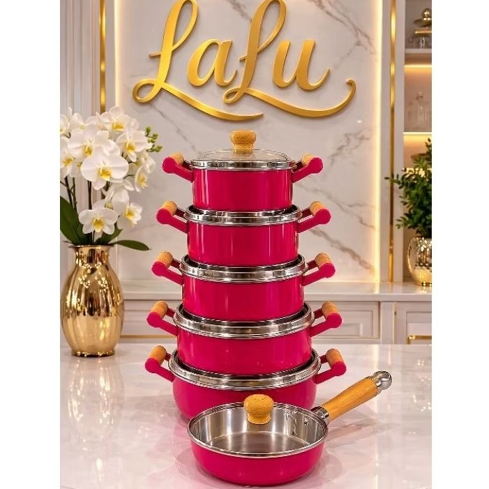 JOGO PANELA  CAÇAROLA PINK 5 PECAS + FRIGIDEIRA N 20 TAMPAS DE VIDRO COLOR em Oferta na Shopee