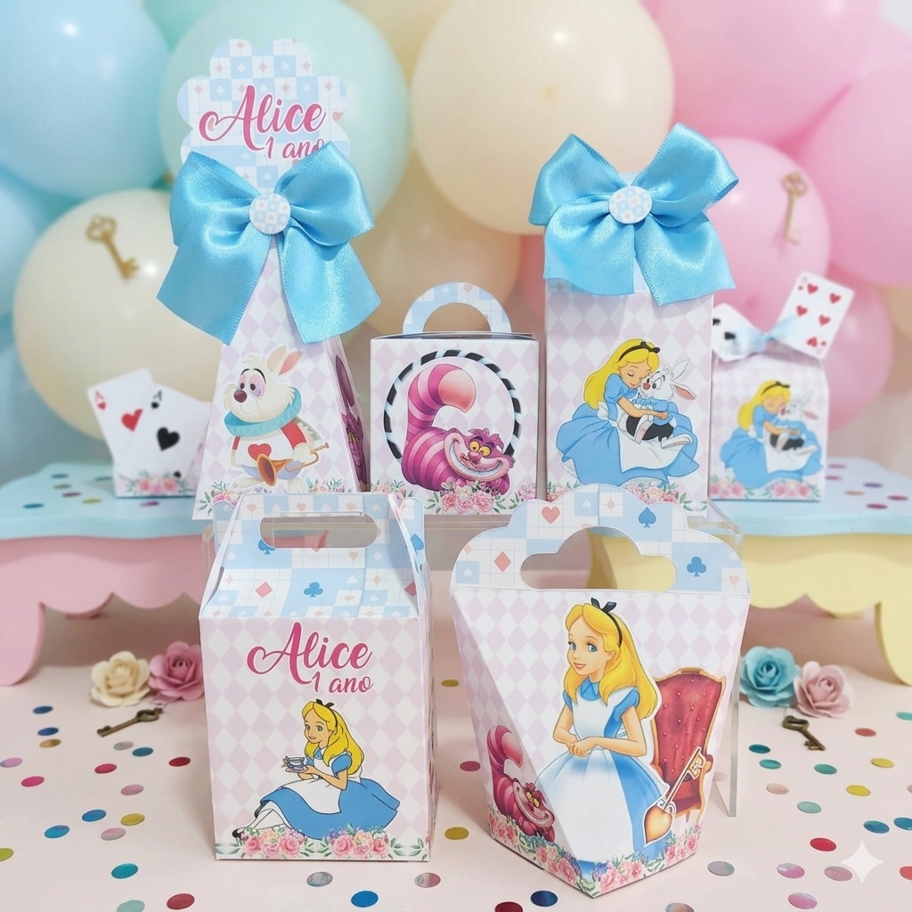 PEGUE E MONTE Kit Caixinhas Personalizadas para Festa Alice no País das Maravilhas Lembrancinhas de Aniversário