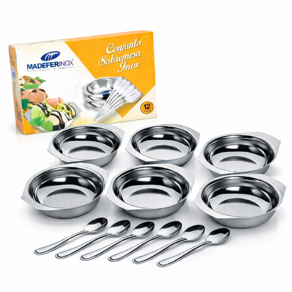 Conjunto Taças Sobremesa Inox 12 Peças Tigelas Com Colheres + Bônus Exclusivo