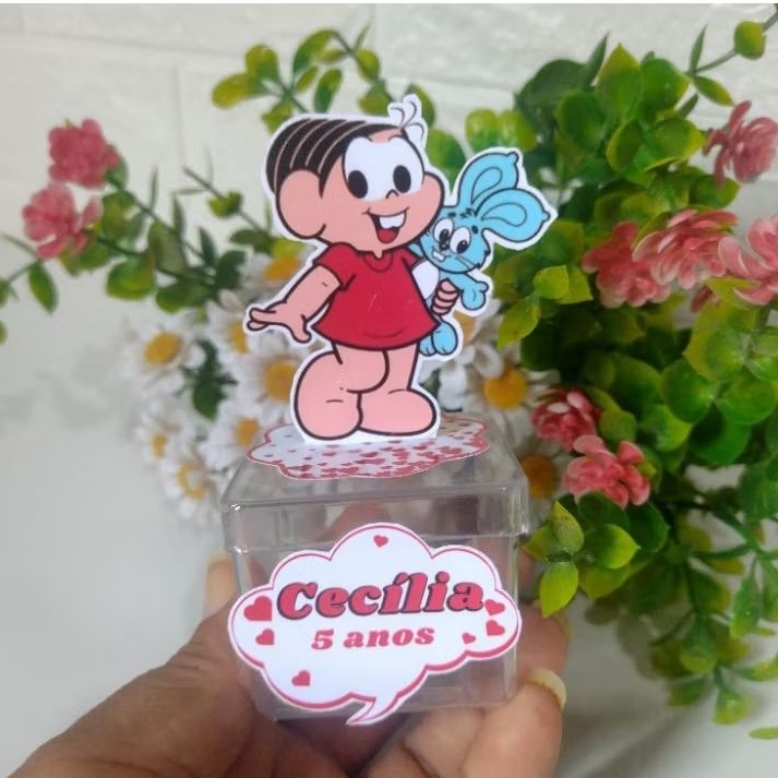 Aplique 3D para caixinha acrílica 5X5, para lembrancinhas de festa de aniversário tema mônica, leia a descrição.