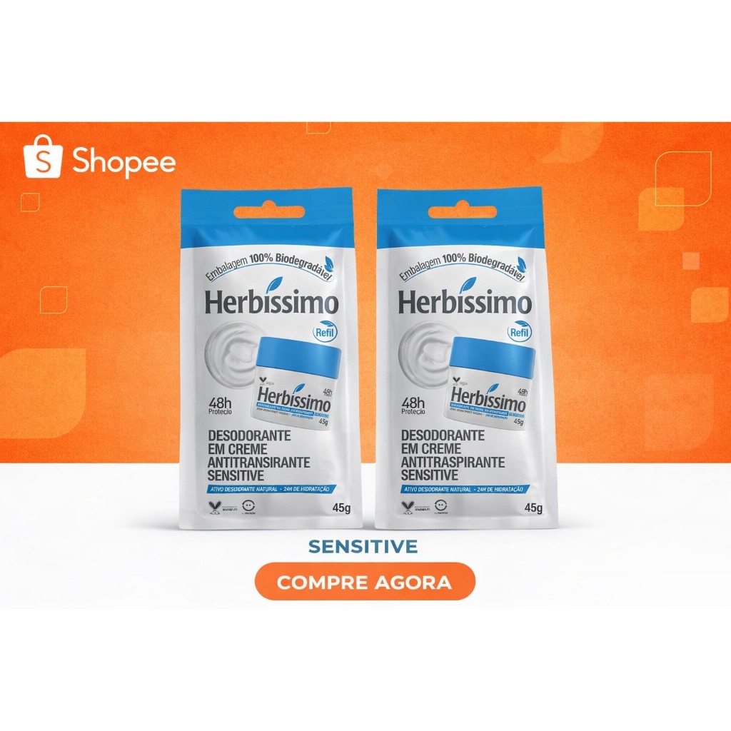 Kit 2 Sachê Refil Desodorante Creme Antitranspirante Sensitive Herbissimo 45G