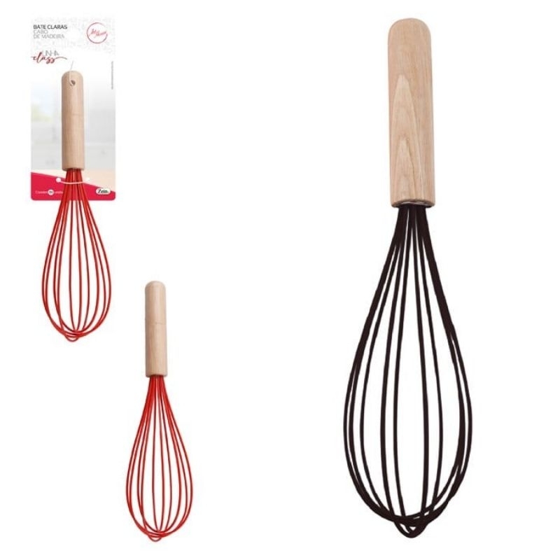 Batedor de Claras Silicone 26cm Cabo de Madeira Fouet Utensilios de Cozinha Confeitaria Resistente