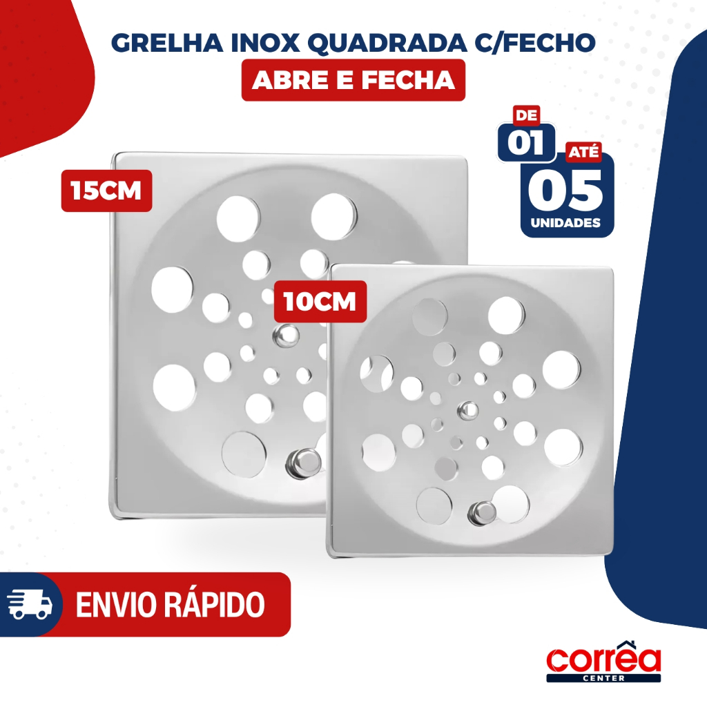 Grelha para Ralo Quadrado Aço Inox com Fecho – Abre e Fecha – 10x10 ou 15x15 – 1 até 5 Unidades