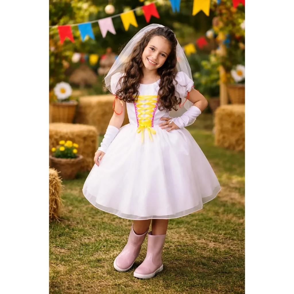 Vestido De Noiva Caipira Festa Junina Com Luva E Véu Curto Infantil