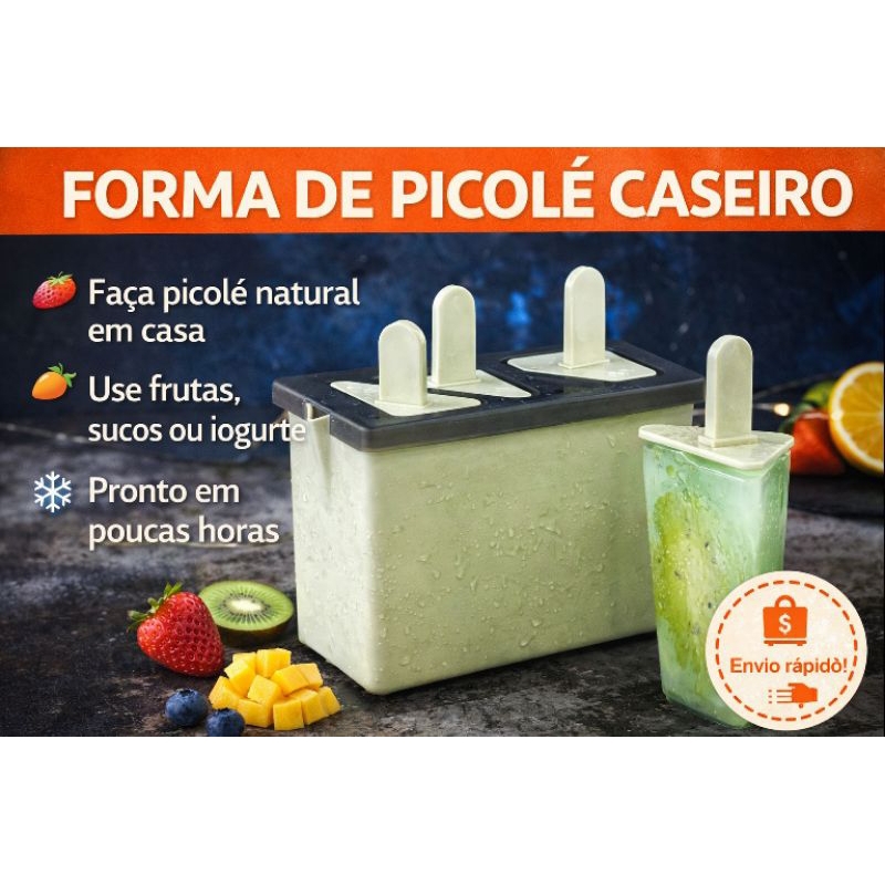 Molde para Picolé  com Reservatório 4 Cavidades | Forma de Sorvete Natural Reutilizável | Faça Picolé de Frutas em Casa