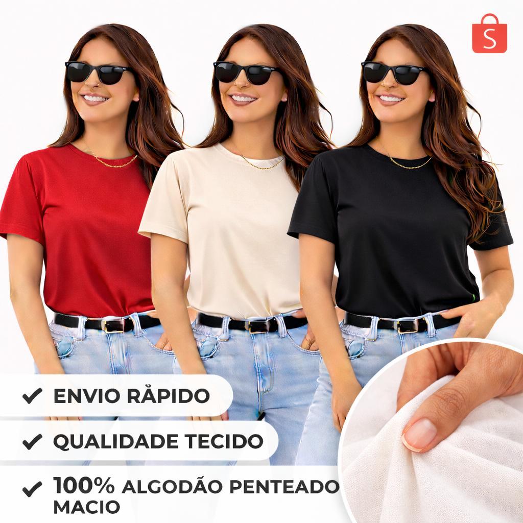KIT 3 TSHIRTS CAMISETA BÁSICA LISA FEMININA 100% ALGODÃO T-SHIRT CAMISETAS
