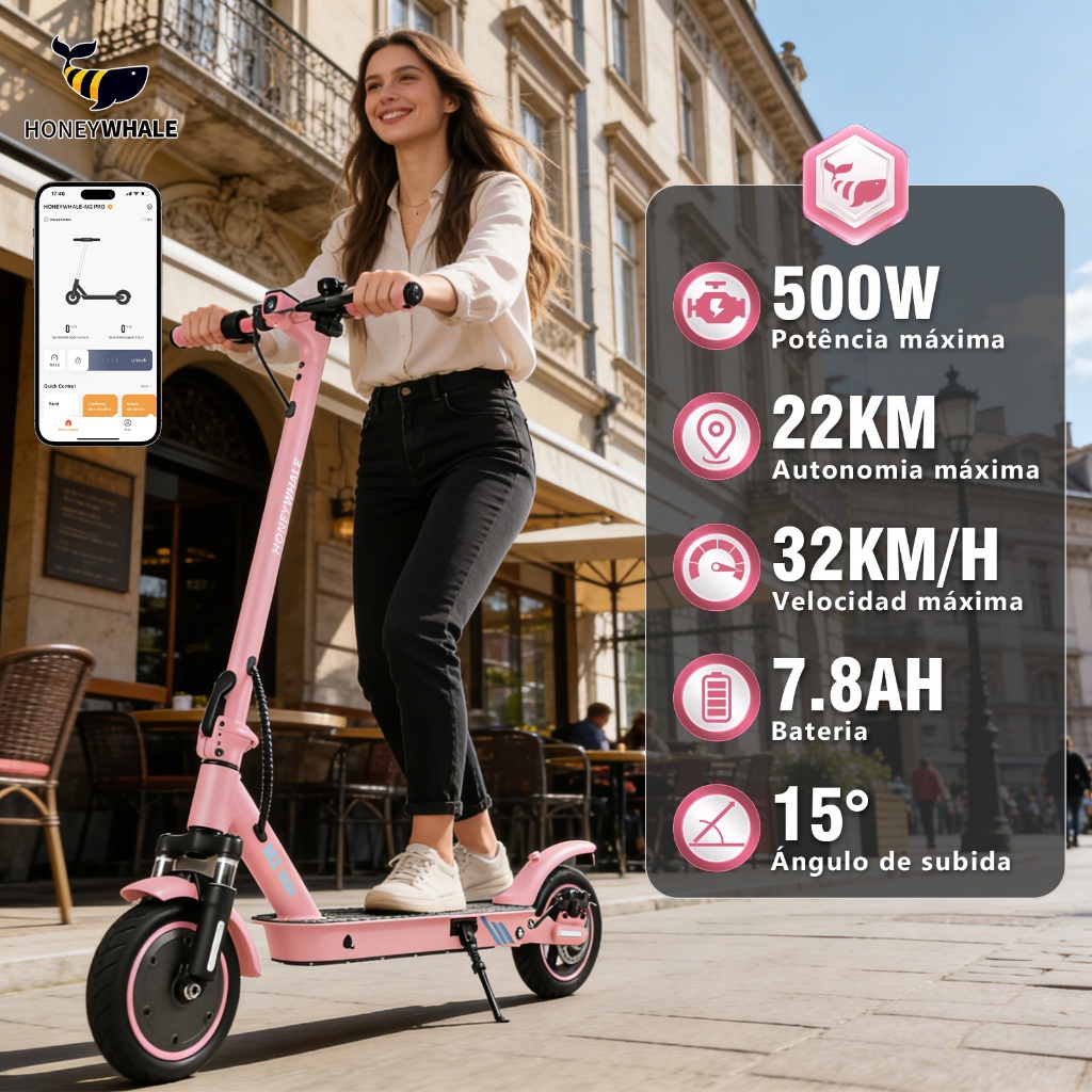 HONEYWHALE M2 MAX Patinete Elétrico Adulto, 500W Scooter Eletrica, 32KM/H Velocidade, 22KM Autonomia