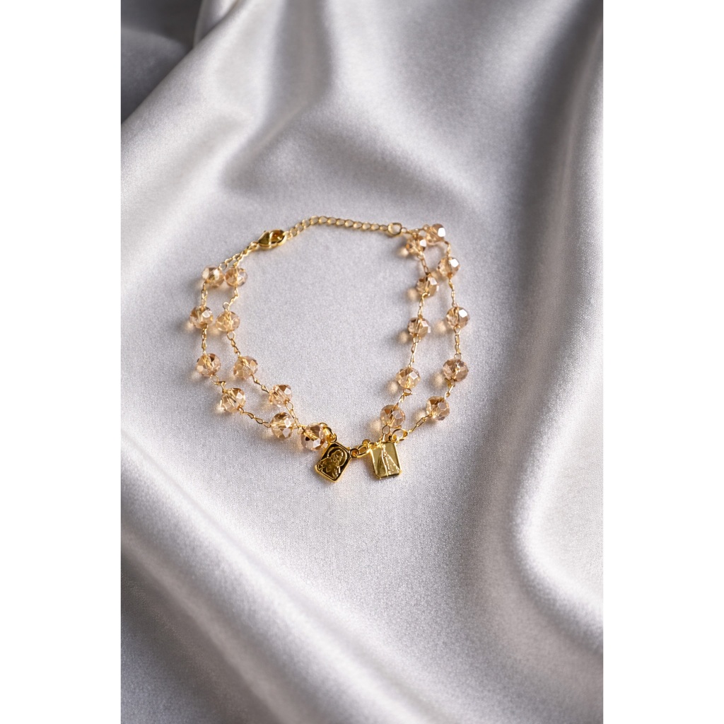 Pulseira Escapulário Cristal Feminina Nossa Senhora Aparecida Folheada a Ouro 22cm Fé