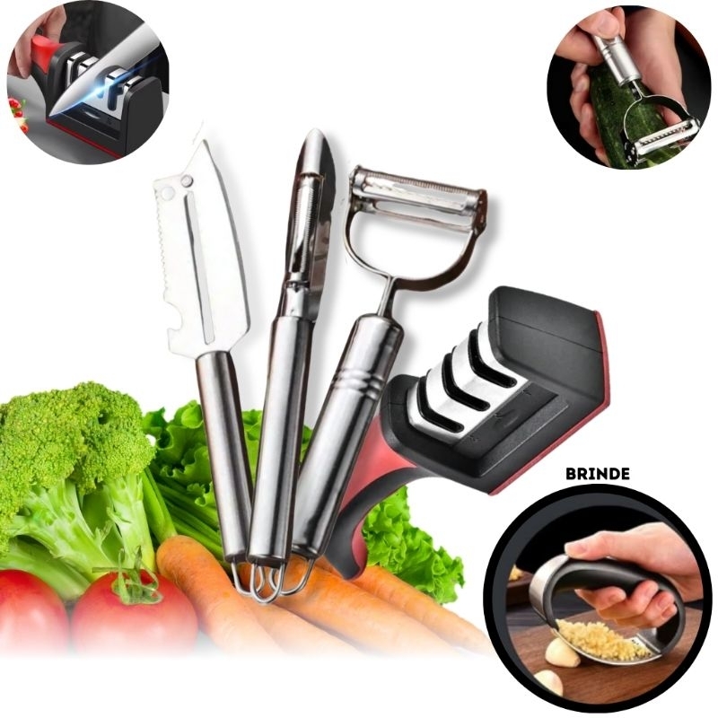 Kit 3 Descascadores Inox Legumes E Amolador Faca Afiador Profissional com
