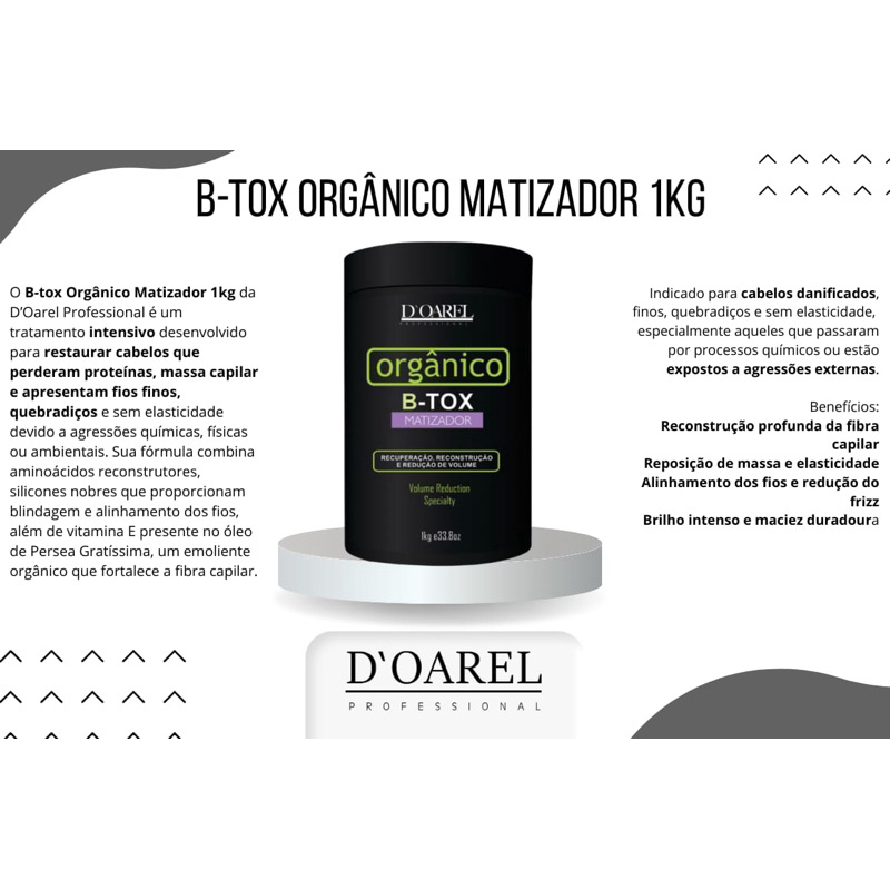 Botox Capilar Orgânico Matizador D’oarel Professional 1kg Redução de Volume Reconstrução Capilar