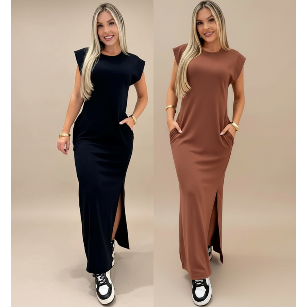 Vestido longo casual básico feminino ribana manga canelada muscle fashion gringa preto marrom em Oferta na Shopee