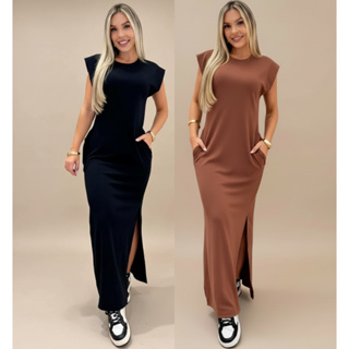 Vestido longo casual básico feminino ribana manga canelada muscle fashion gringa preto marrom em Oferta na Shopee