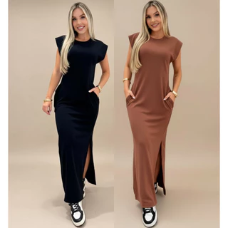 Vestido longo casual básico feminino ribana manga canelada muscle fashion gringa preto marrom