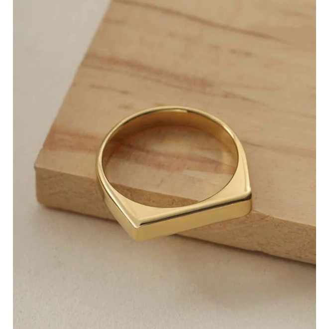 Anel Dedeira Dedinho Dourado Quadrado Achatado Aço Inoxidável Inox Unissex Chapinha Chapeado