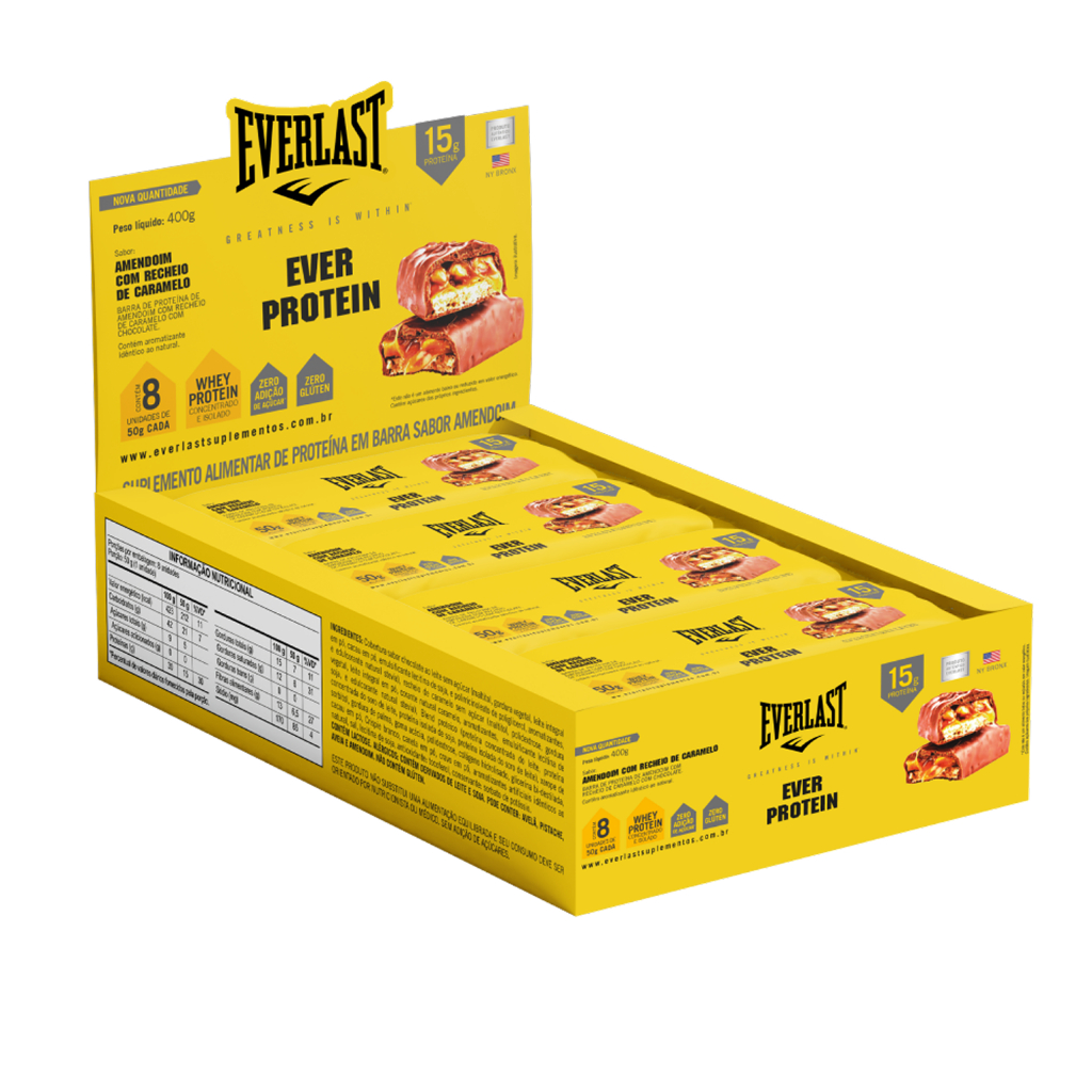 Caixa Barra de Proteína 50g Sabor Amendoim  8Un - Everlast Suplementos