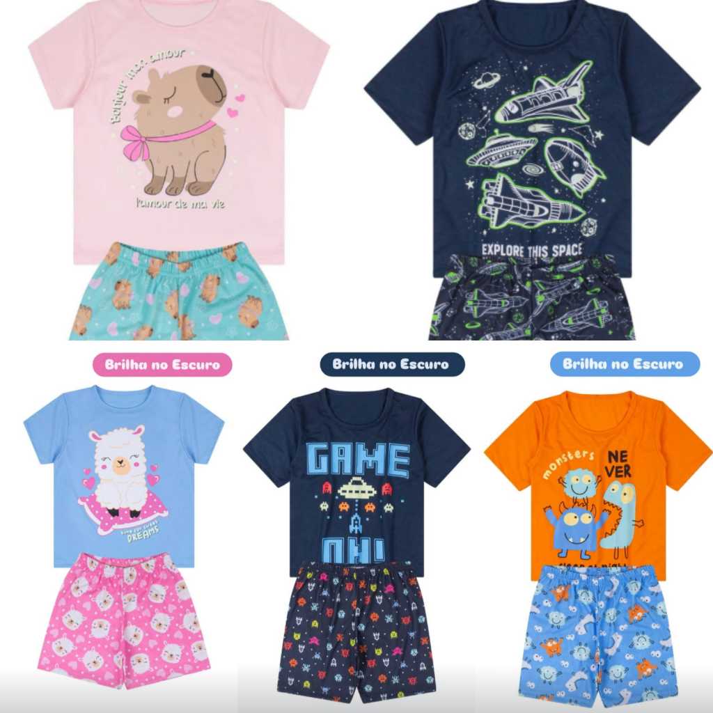 Conjuntos Pijamas Verão Brilha no Escuro, Menino e Menina com Estampa de Capivara, Espaço, Vídeo Game, Ovelha, Monstros
