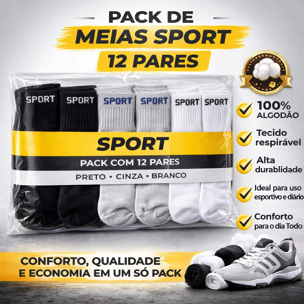 Kit Meias Masculinas Sport | 100% Algodão Premium | Cano Longo | Conforto | Respirável | Academia | Dia a Dia
