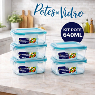 Kit 5 Potes Herméticos De Vidro 640ml Retangular Com Tampa Hermética 4 Travas Marmita Fitness Freezer Cozinha Mantimento em Oferta na Shopee