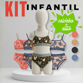 Kit 5 Conjuntos Calcinha e Sutiã Infantil Sem Bojo Microfibra Elástico Estampado em Oferta na Shopee