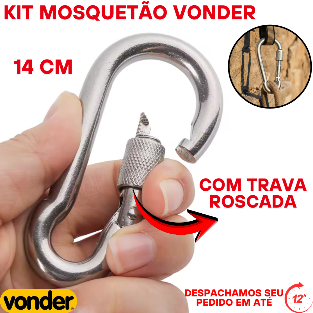 Oferta de 1 até 6 Mosquetão de 14cm-Trava ROSCADA p/ fixação de objeto/Equipamento-suporta até 510kg