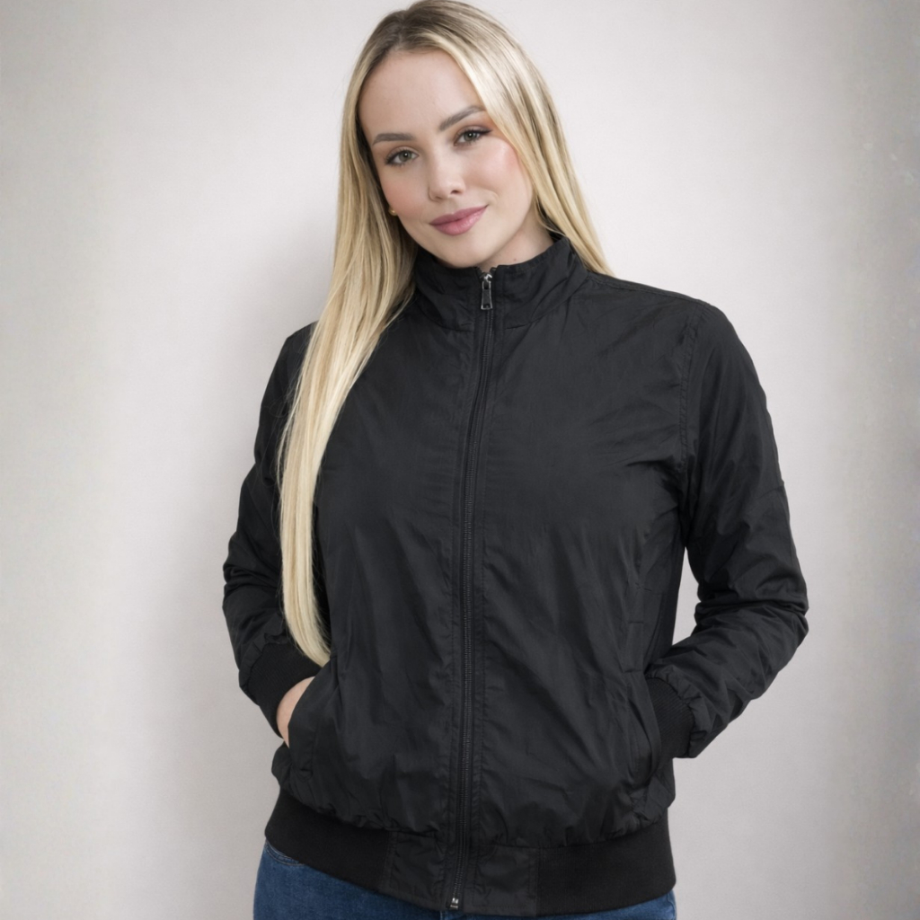 Jaqueta Corta Vento Feminina Poliéter Repelente a liquido Nylon Tradicional Gola Alta Bolso Frontal