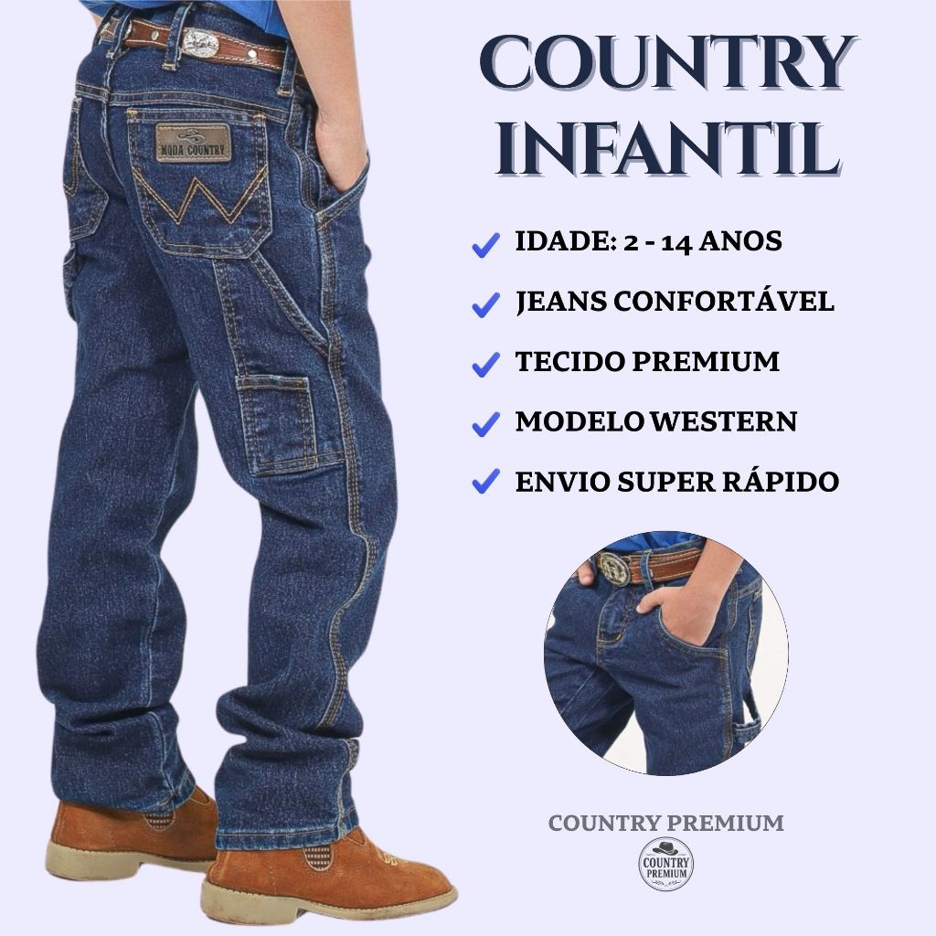 Calça Jeans Infantil Masculina Country Carpinteira Menino Juvenil Premium Confortável Rodeio