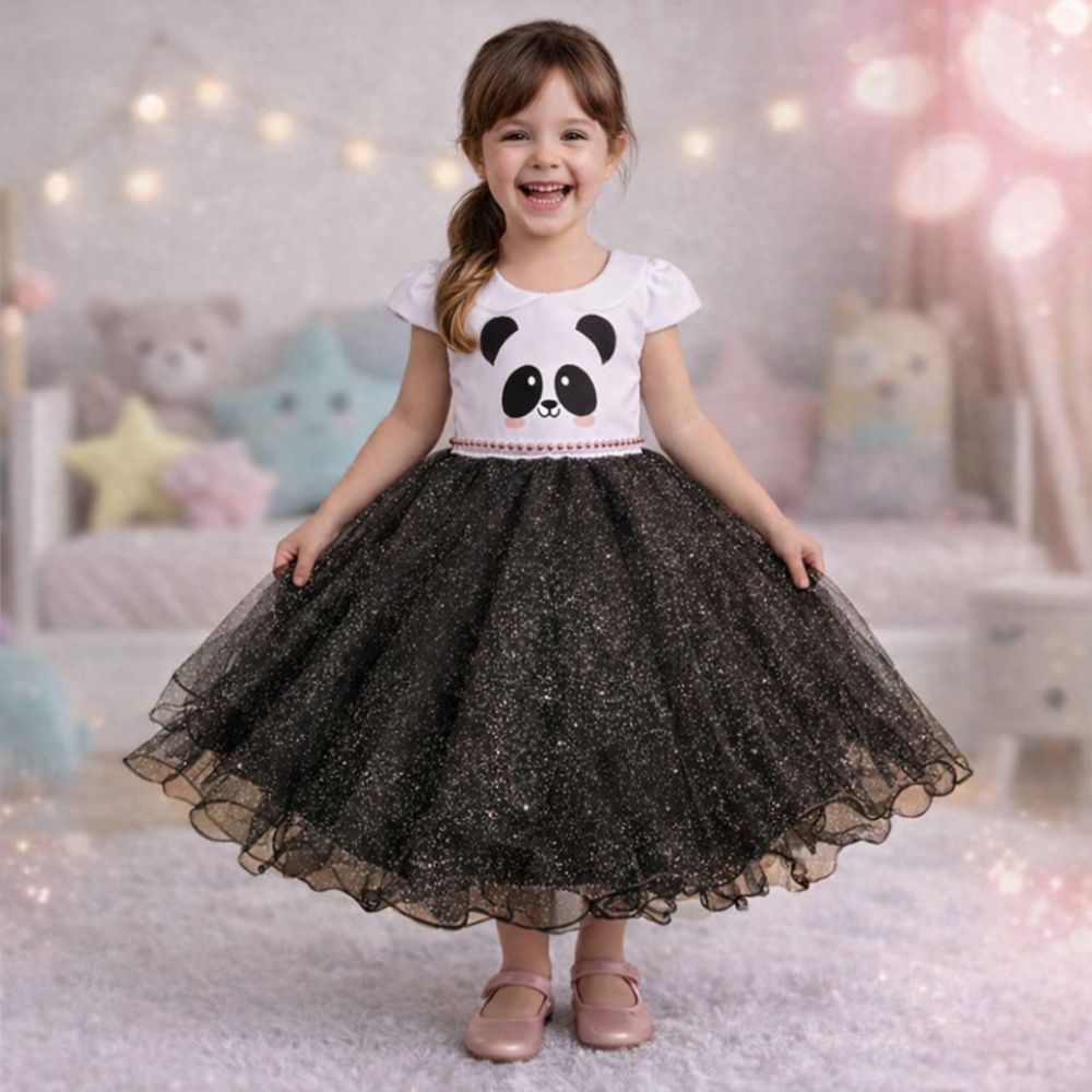 Vestido Infantil Tule Panda – Luxo Festa Aniversário Menina Tema Urso Fofo