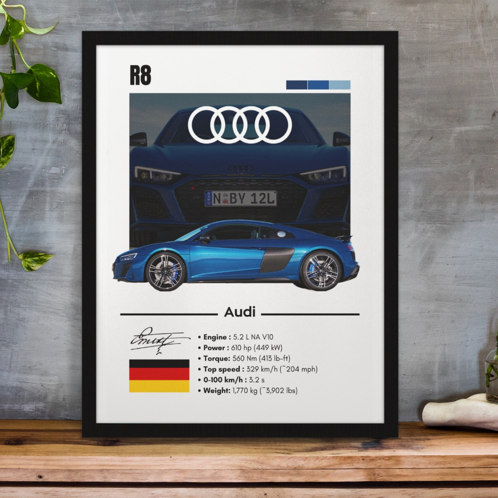 Quadro Audi R8 V10 Performance 2020 A3 Decorativo Esportivo Para Sala ou Quarto