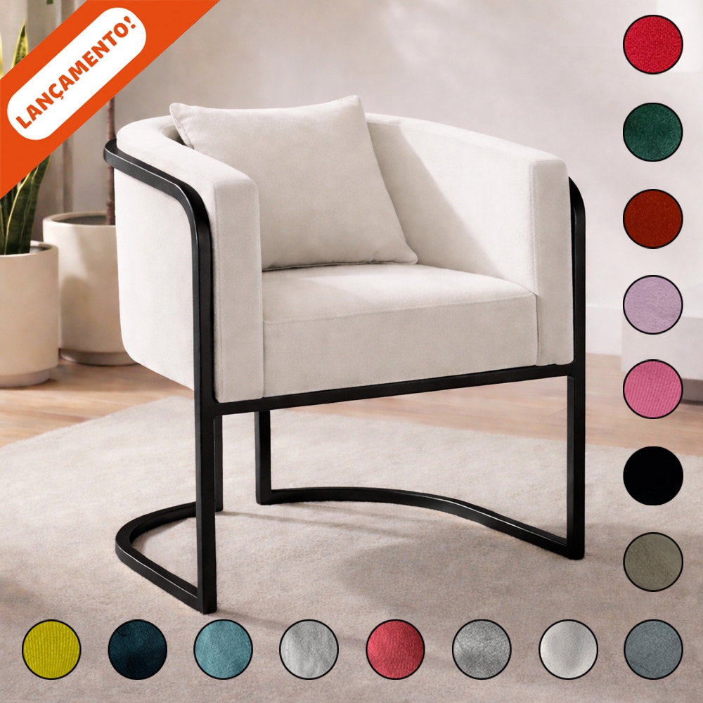 Poltrona Para Sala Decorativa Lavinia Luna Base de Ferro Preta Suede Aninha Poltronas