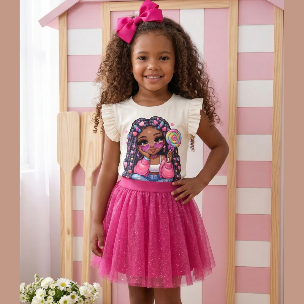 Conjunto Infantil Menina Blogueirinha Fashion Trend – Blusa Off  Morena pirulito Babado  + Saia Tule Glitter Pink