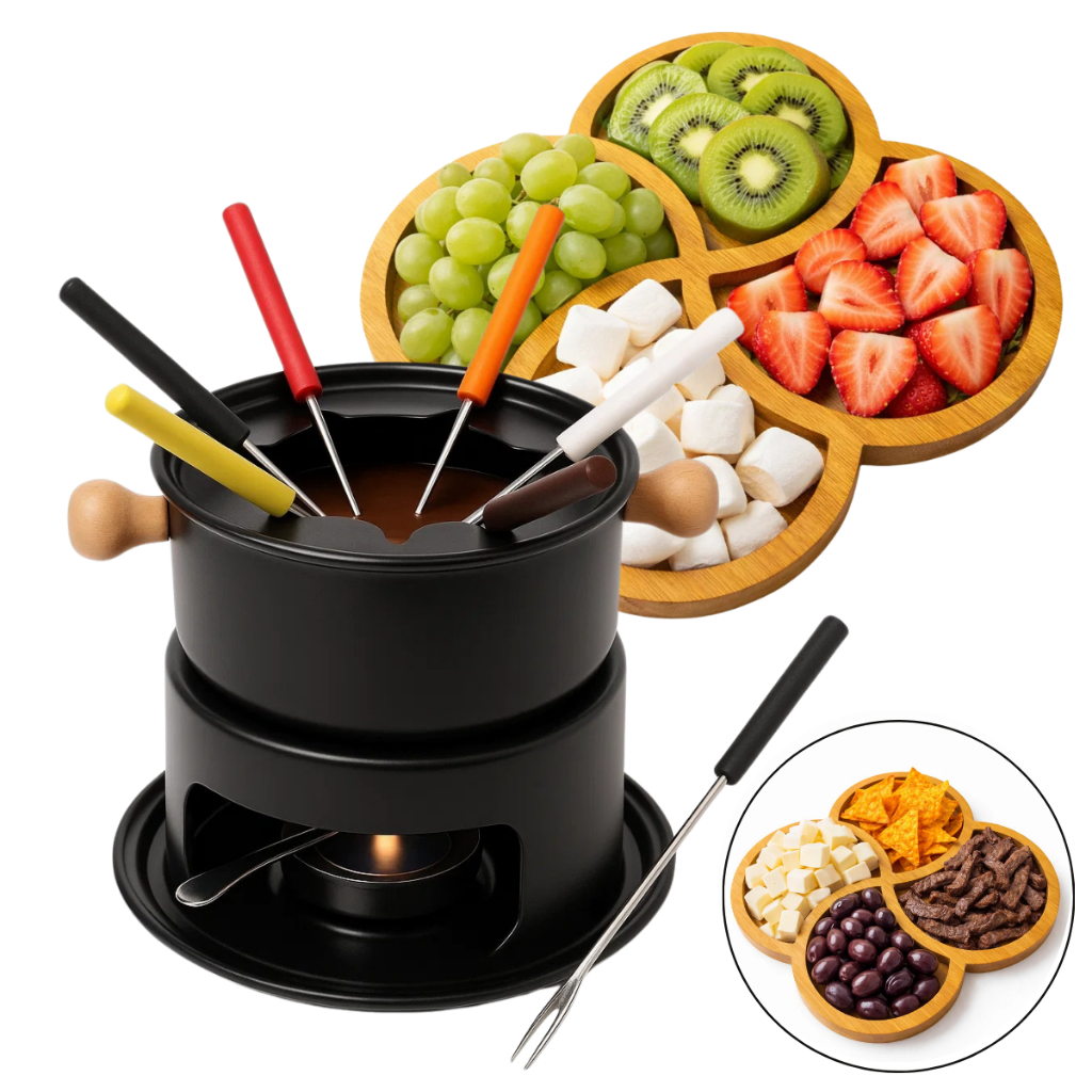 Kit Fondue Com 11 Peças 6 Pessoas Queijo Chocolate + Petisqueira MDF