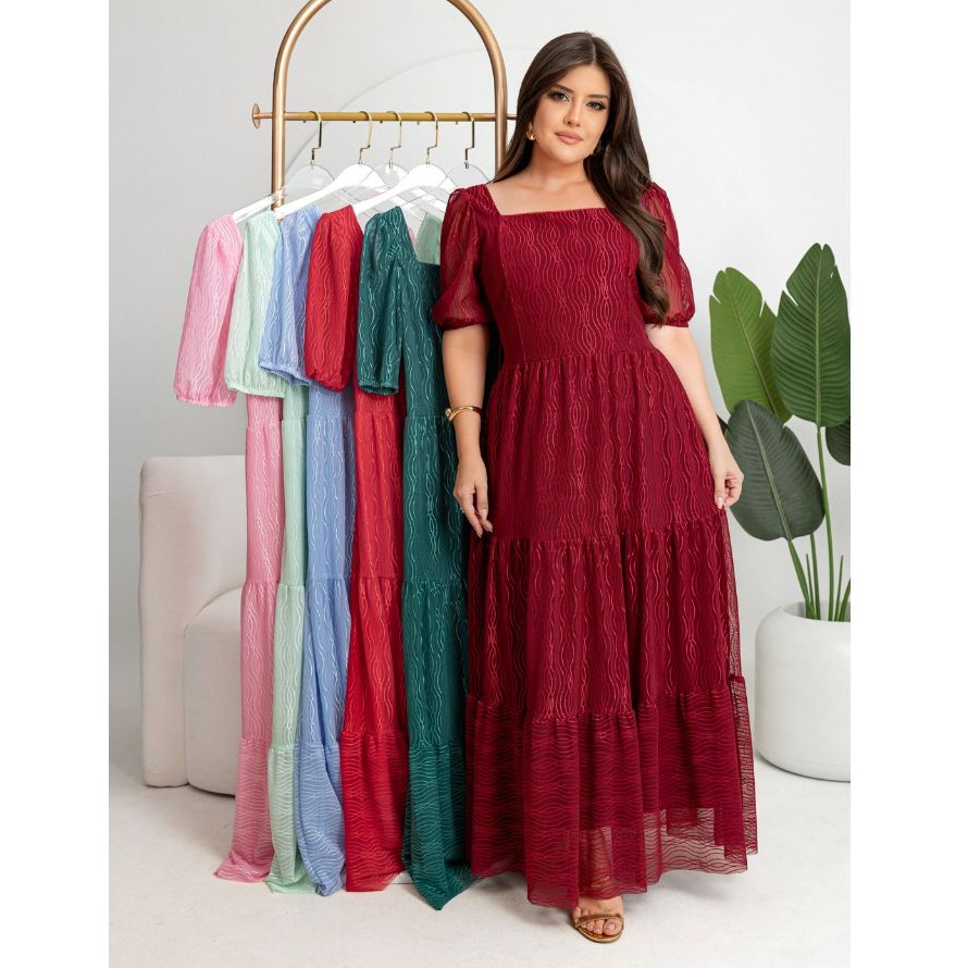Vestido Feminino Celina Evangélico Longo Babados Plus Size GG Tule Festa Casamento Madrinha KT