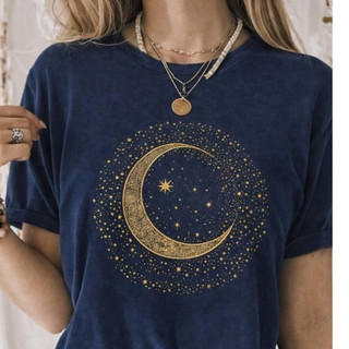 Tshirt Feminina Estilosa Camisa Estampada Círculo de Lua Blusa Feminina Roupa Feminina Elegante top