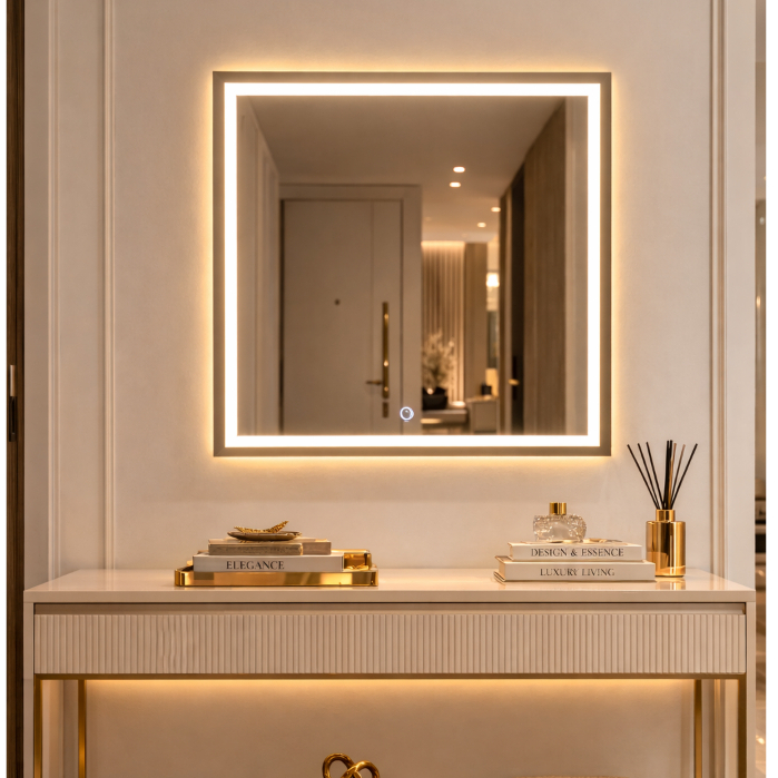 Espelho Quadrado Jateado com LED 3 Cores Touch de 40×40 a 90x90cm Luxo Decoração Moderna
