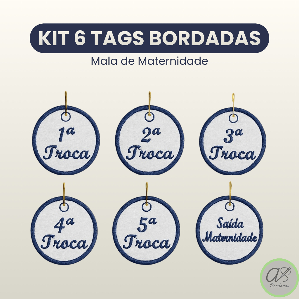 Kit 6 Unidades - Tags Maternidade Bordadas | Identificação de Trocas para Saquinhos e Mala do Bebê