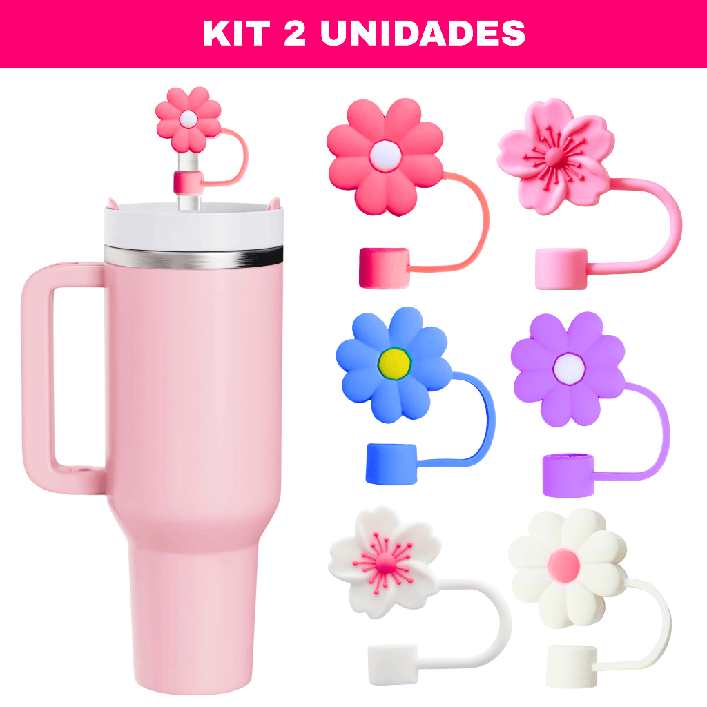 Kit 2 Protetores de Canudo para Garrafa de Água ou Copo Térmico Silicone em Forma de Flor Cerejeira