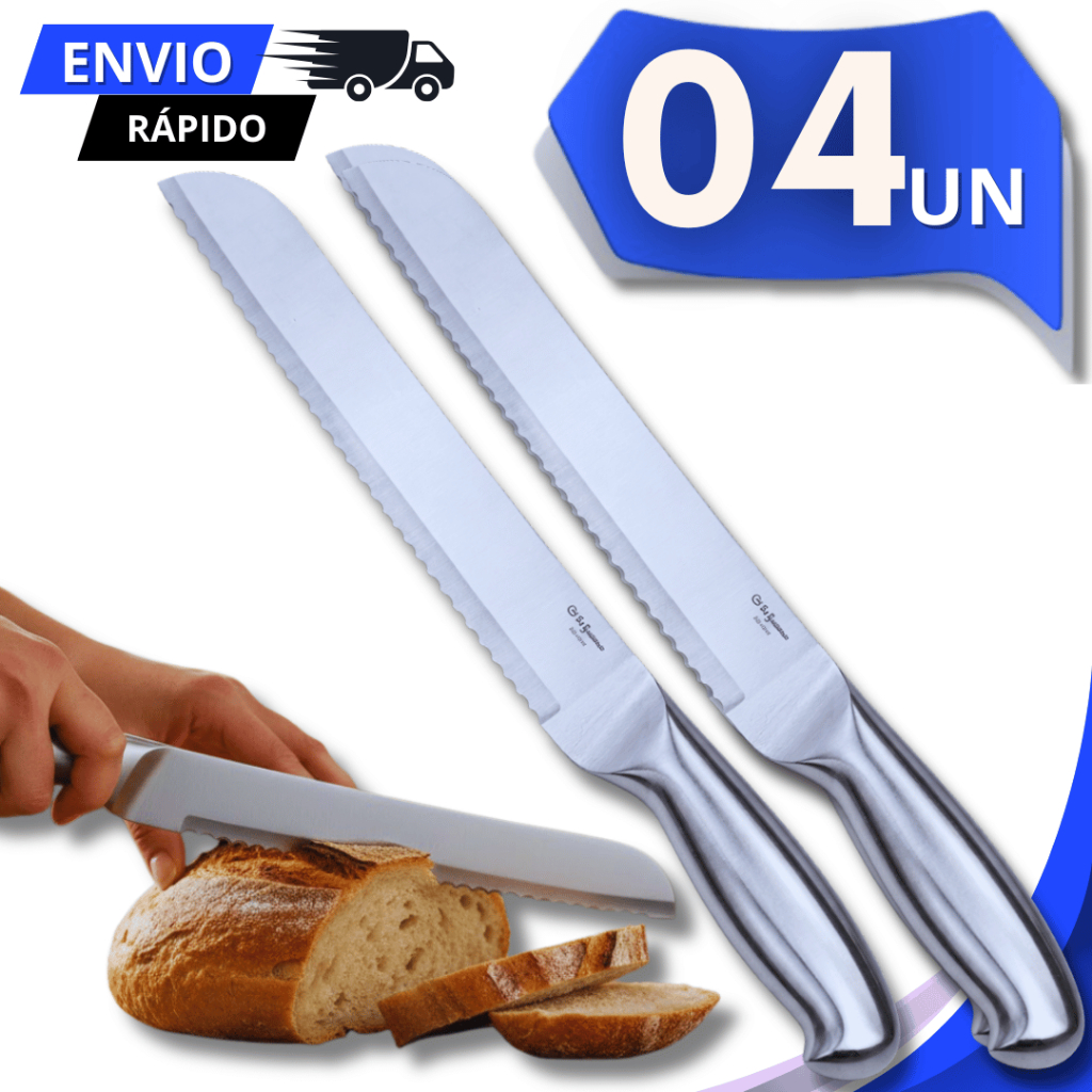 Conjunto Facas Pão Aço Inox Escovado 8" Cabo Interiço  Lâmina Serrilhada Multiuso Utensílios