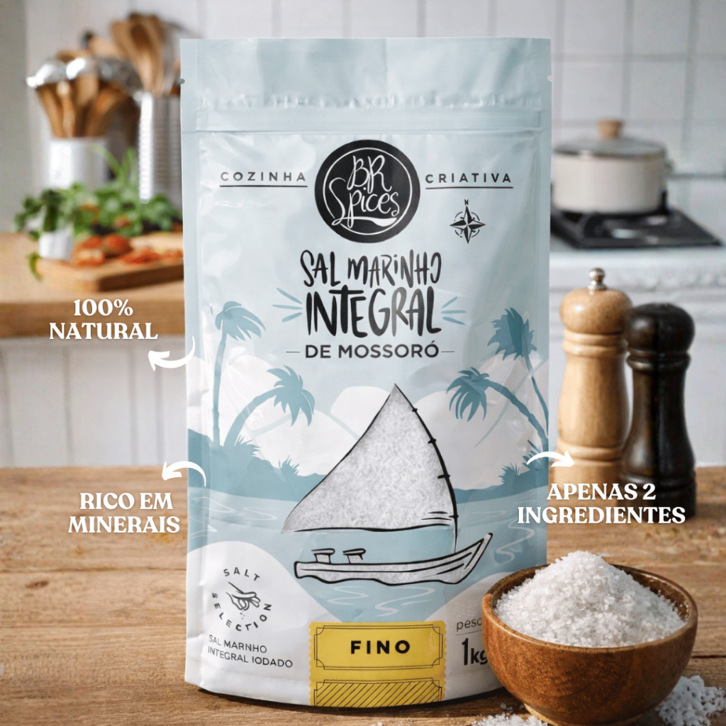 Sal Marinho Integral Mossoró Fino BRSPICES Puro Natural Rico em Minerais Apenas 2 Ingredientes Reposição Eletrólitos