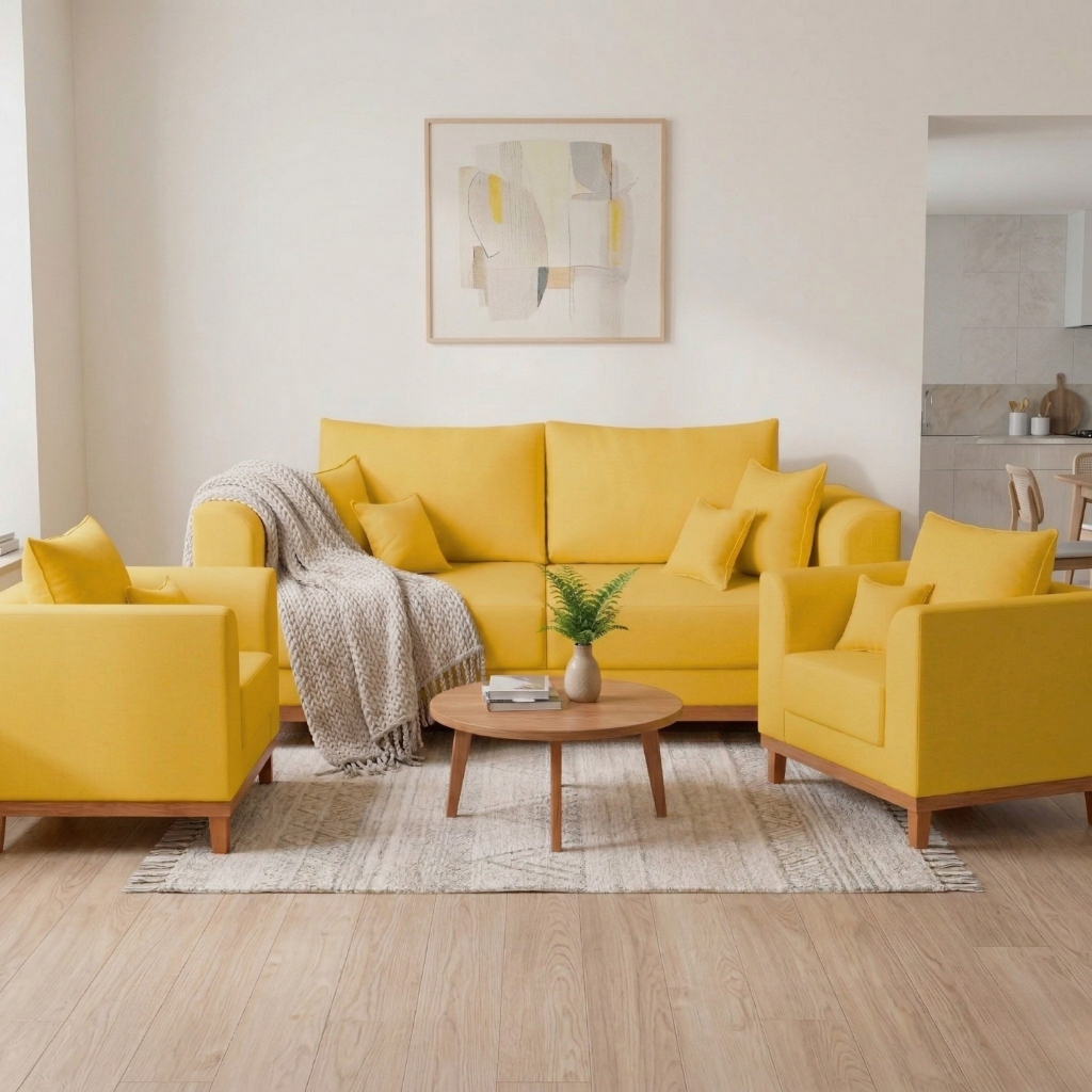 Kit Sofá 3 Lugares e Poltronas Sala de Estar Beny Suede Amarelo Madeira Estofados