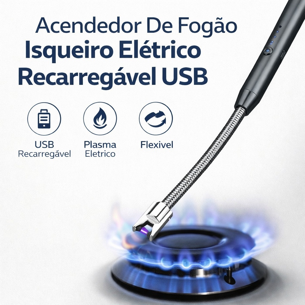 Acendedor Elétrico Recarregável USB Fogão Churrasqueira Vela Isqueiro Plasma Flexível