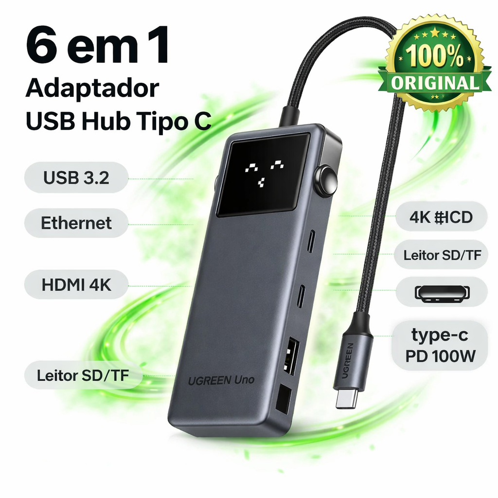 UGREEN Hub USB C 6 em 1 4K 60Hz PD 100W USB 3.2 10Gbps Adaptador para MacBook Pr