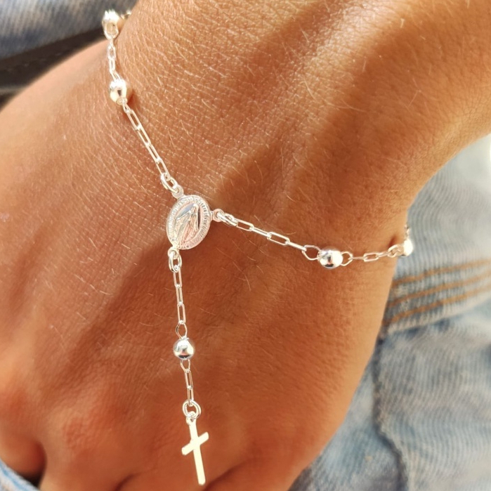 Pulseira Terço Nossa Senhora Semi Joia Delicada Banhada Prata 925 em Oferta na Shopee