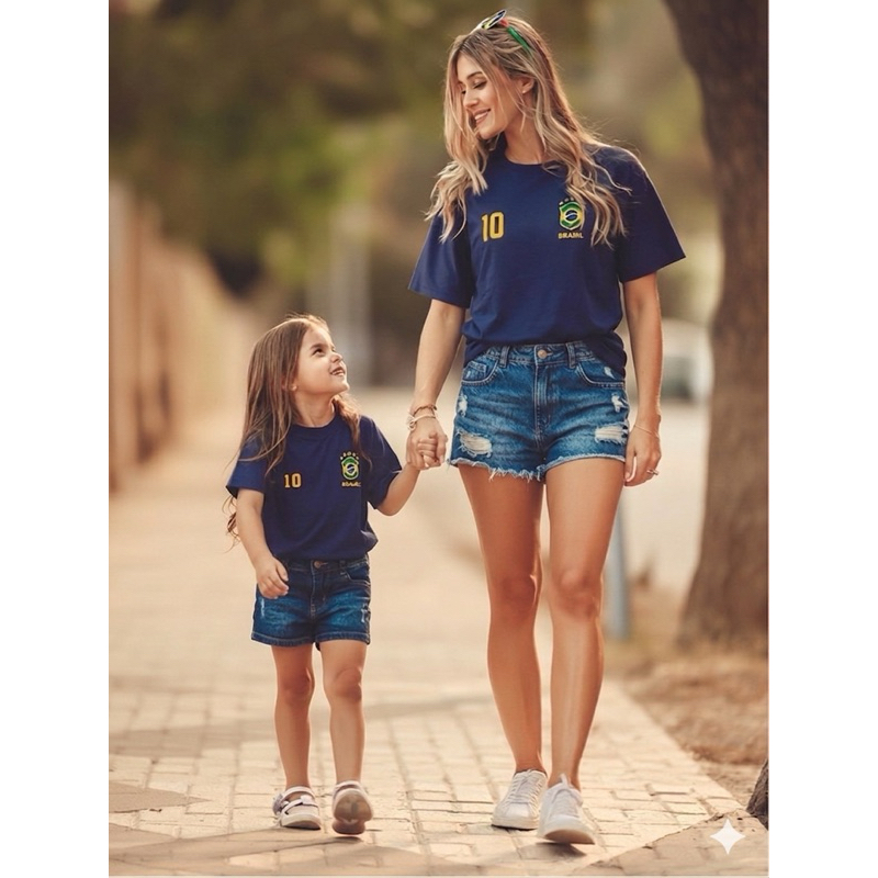Conjunto Mãe e Filha Brasil azul l Camisetas Combinando Torcedora Copa futebol Estampa camisa 10 Qualidade Premium