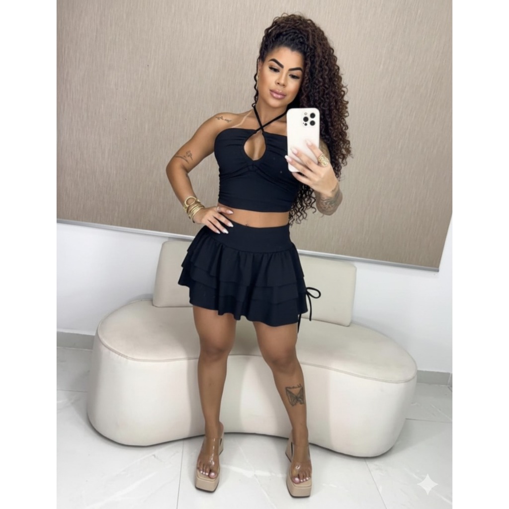 Conjunto Shorts Saia Feminino Top Multiformas Amarração Elegante Verão Mini Gringa Blogueira Academia Jovem Tendência 26