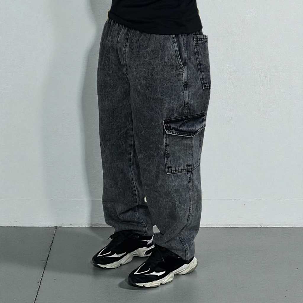 Calça Cargo Jeans Preto Estonado Streetwear Unissex