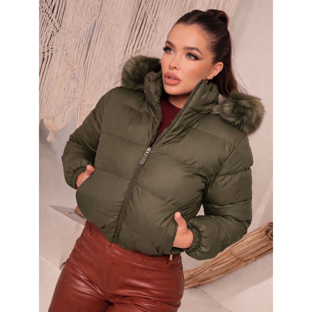Jaqueta Feminina Puffer Nilon Forrada Térmica Peluciada Com Touca Removível Estilosa e Quentinha Inverno