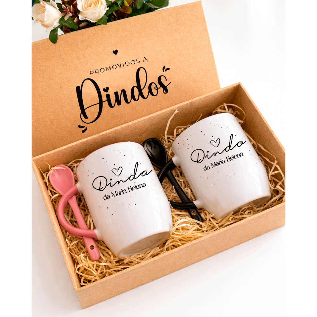 Kit 2 Canecas Personalizadas Dindos + Caixa Presente | Convite Padrinho Madrinha