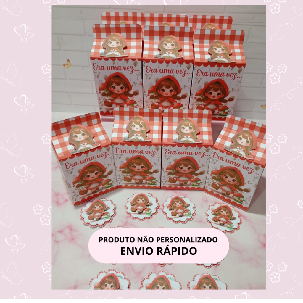 Kit 10 Caixas Milk +10 Apliques 3D - Pronta Entrega - Chapeuzinho Vermelho- Envio Imediato - lembrancinha Pronta Entrega