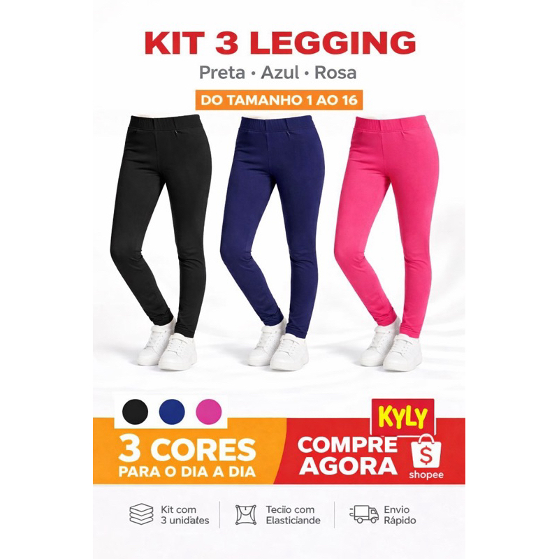 Kit 3 Calças Legging Infantil Menina Kyly Algodão Inverno Confortavel Flanelada Promoção Creche