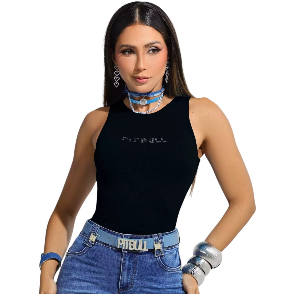 Regata Feminina Pit Bull Jeans Original Canelada Confortável Casual Estilosa